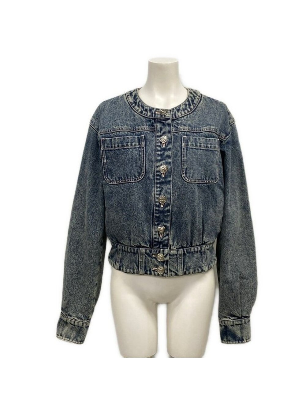 Chanel Jacket S Navy Ivory Long Sleeve Denim Collarless